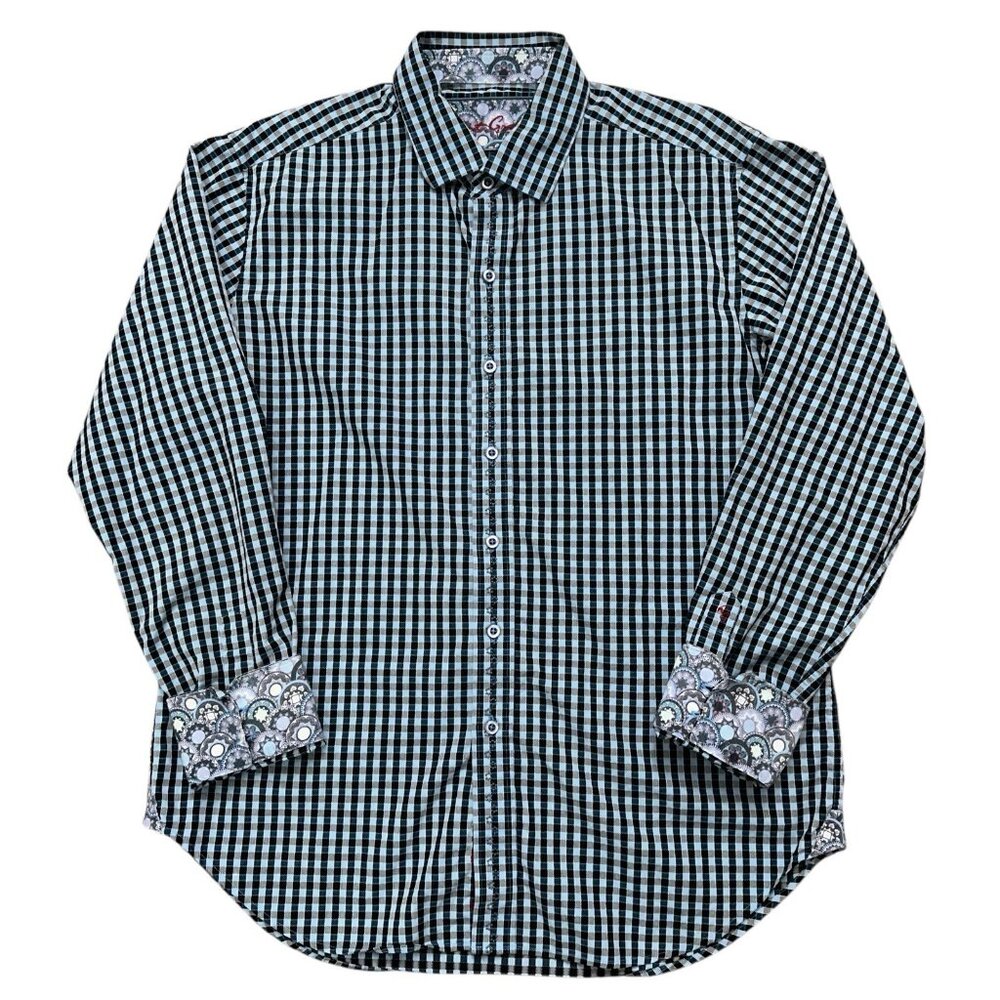 Robert Graham Shirt Mens Size L Long Sleeve Classic Fit Flip Cuff Check Blue